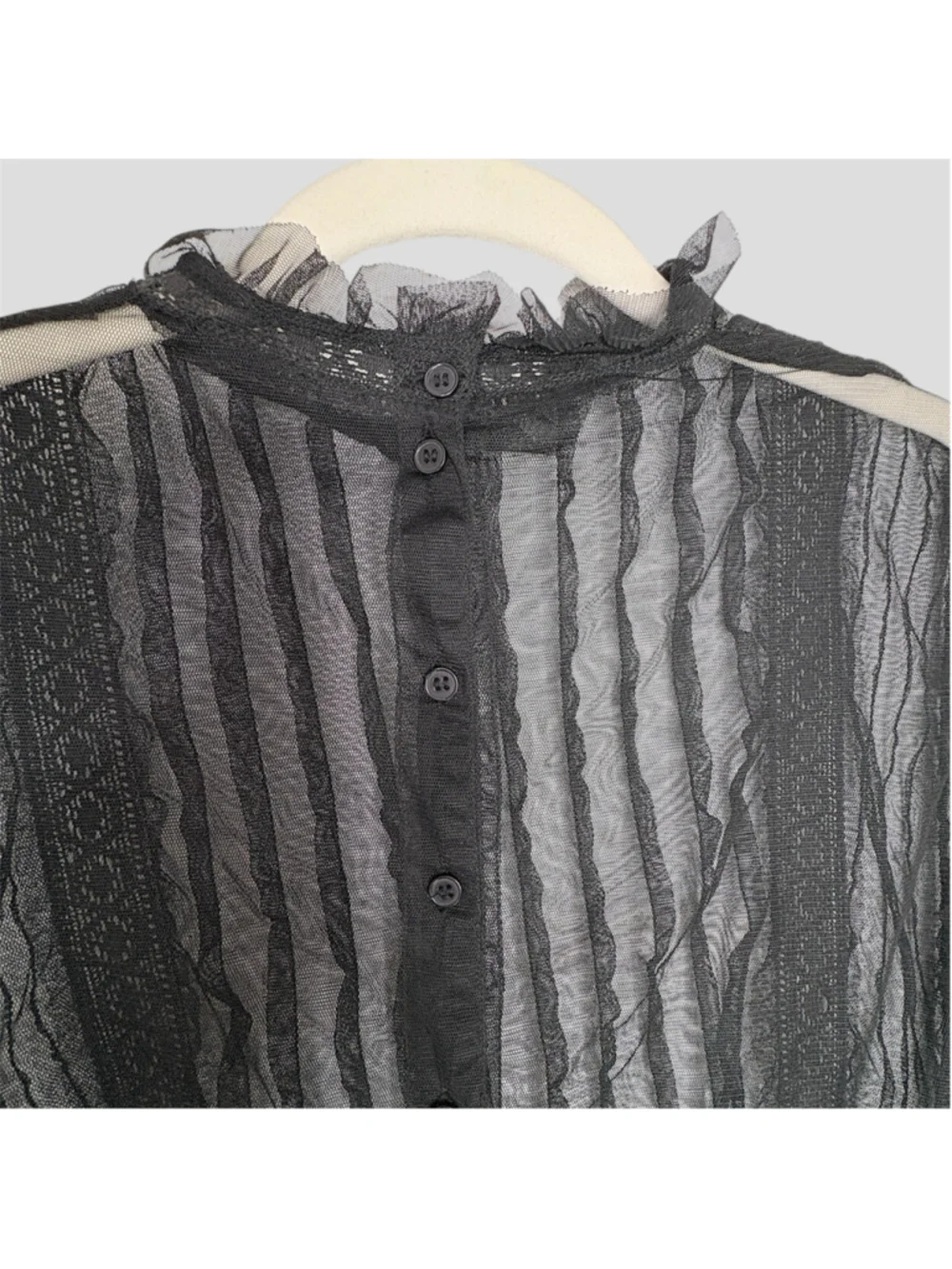 Vintage Black Mesh Pin-Tuck Lace Blouse M Back Ruffle Neck Whimsigoth Fairy Goth - Picture 9 of 16
